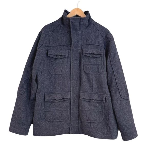 Buckle Black Athletic Fit Thick‎ Wool Tweed Zippered Jacket Coat Men L Navy Blue - Picture 1 of 13